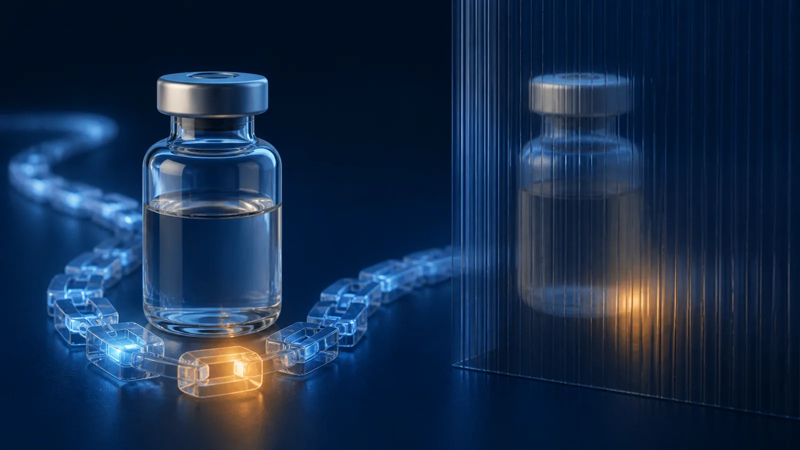 An unbranded sealed vial on a traceable glass chain beside a second vial obscured by distortion