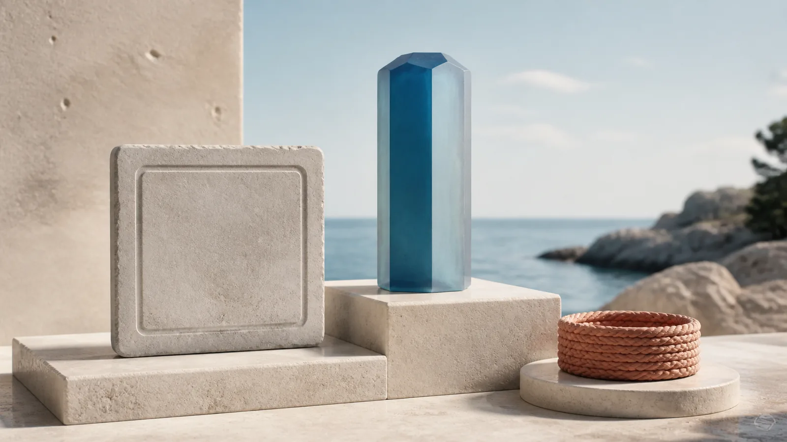 Layered stone, glass, and woven forms representing different credential levels