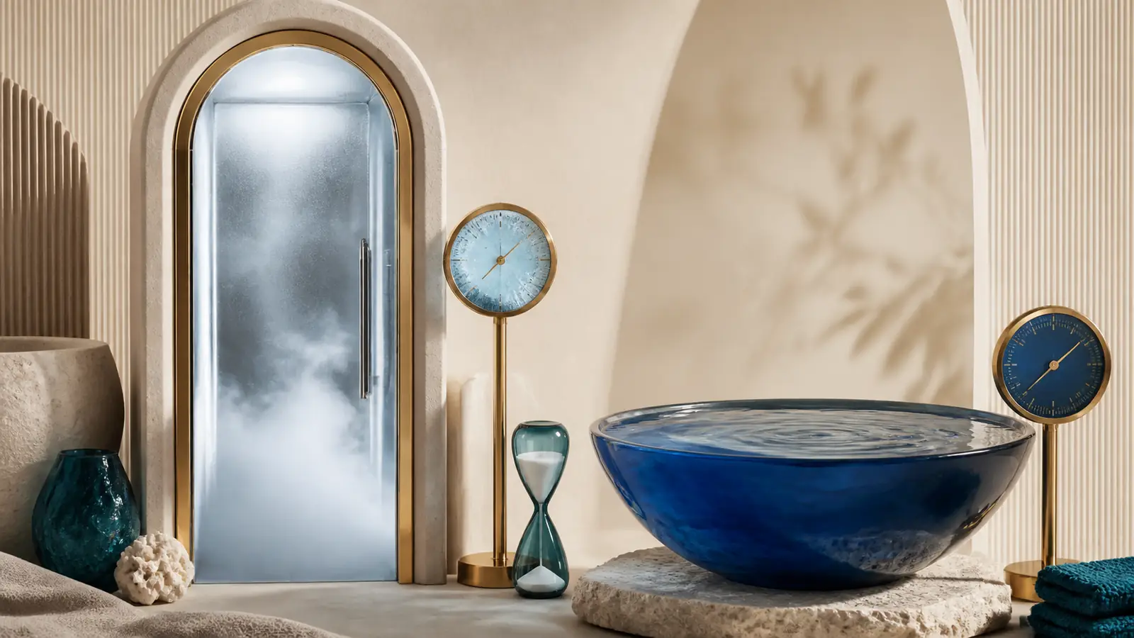 Frosted chamber arch beside a deep cobalt water basin and timing forms