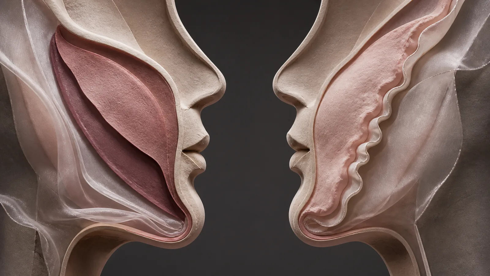 Layered abstract facial planes lifted along two distinct curved vectors