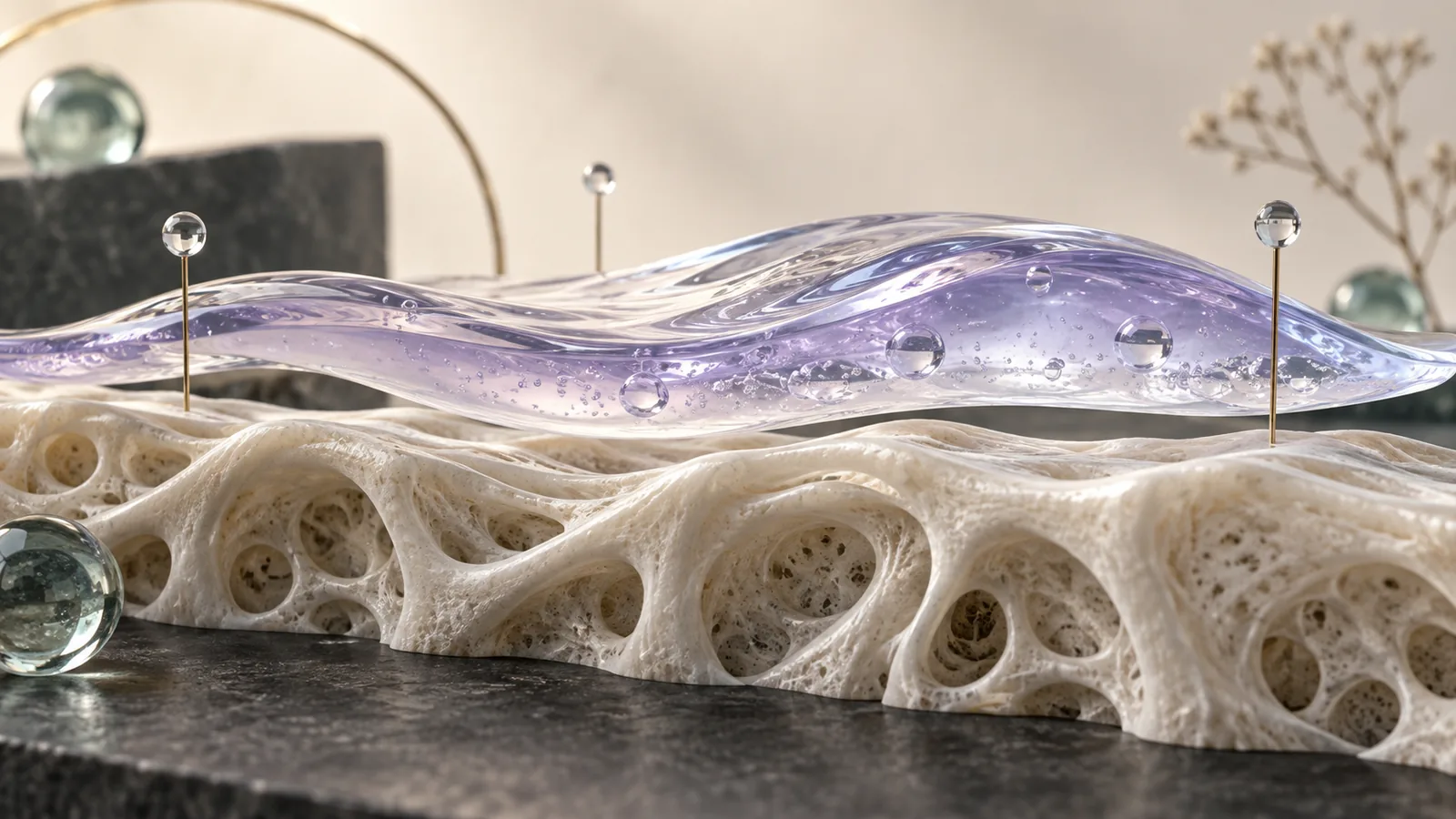 A translucent filler plane layered over a sculptural bone surface with restrained evidence markers