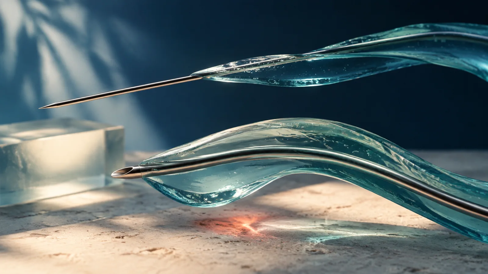 Fine needle and blunt cannula following different paths through an abstract gel landscape