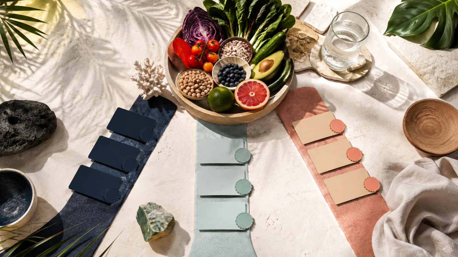 Produce, blank credential cards, and three distinct guidance pathways on a sunlit table