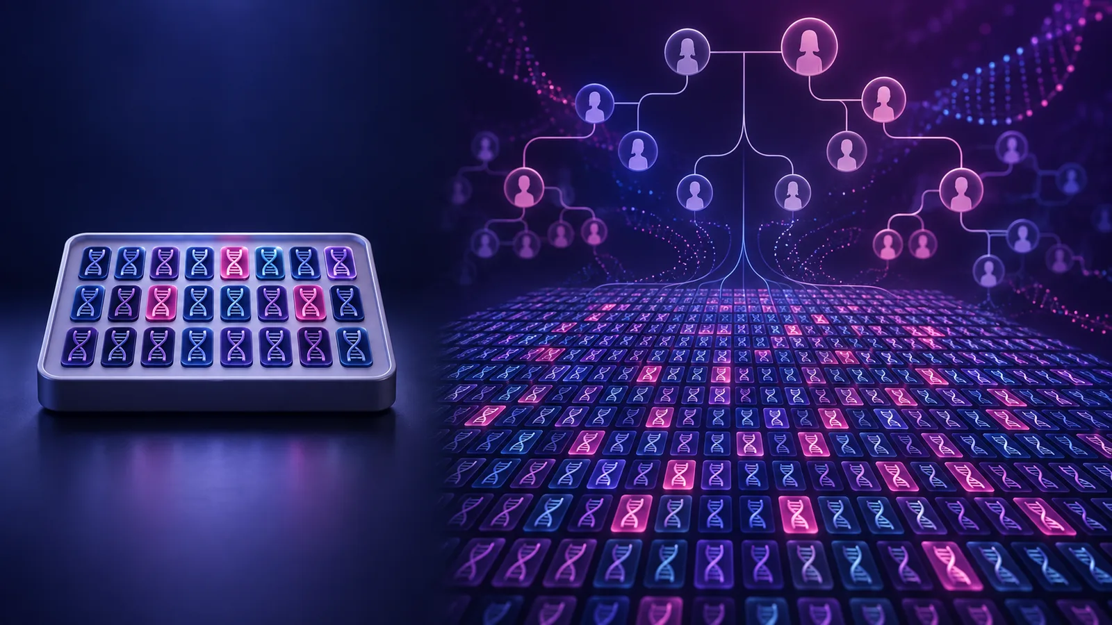 A small selected DNA tile set sits beside a broader clinical sequencing and family-history map