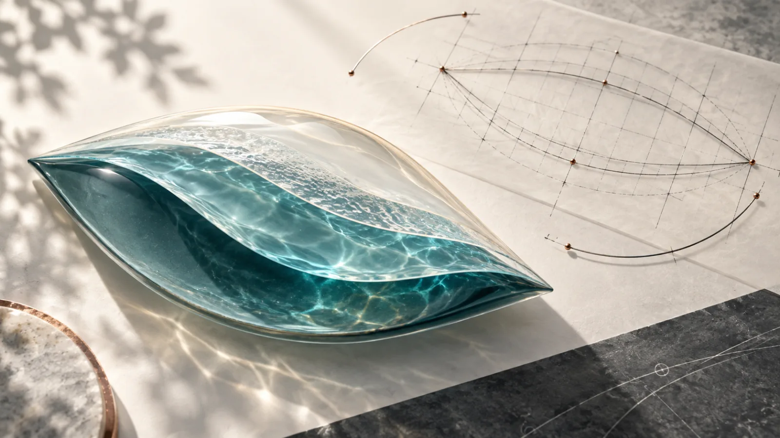 Layered tear-film geometry over an abstract eye surface beside a restrained surgical planning grid
