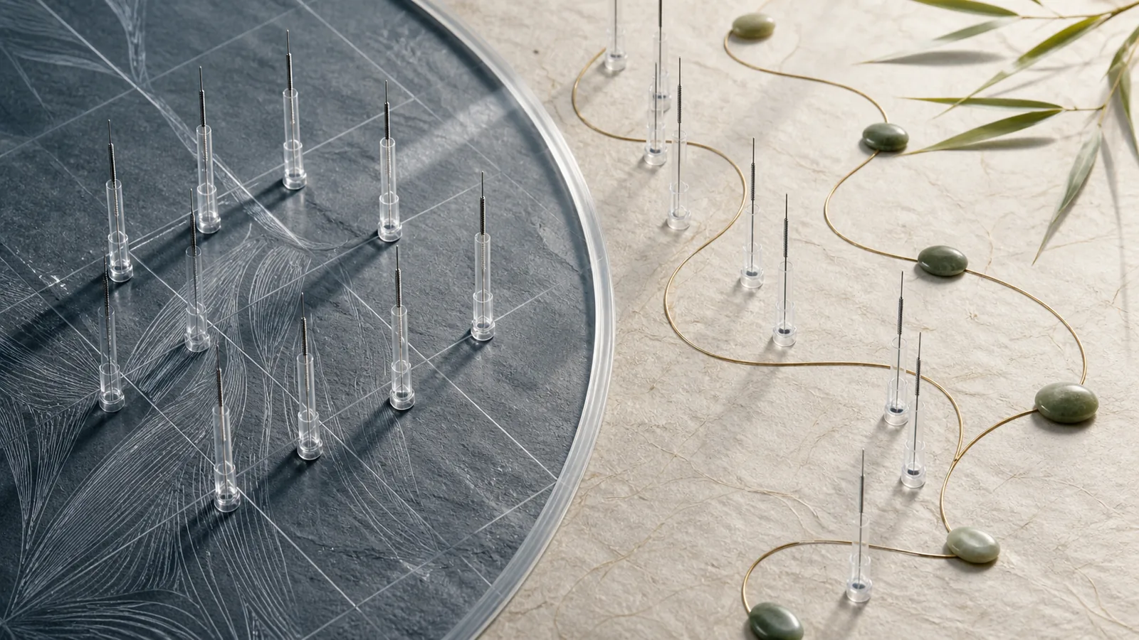 Two sets of fine sterile needles aligned with separate Western trigger-point and acupuncture maps