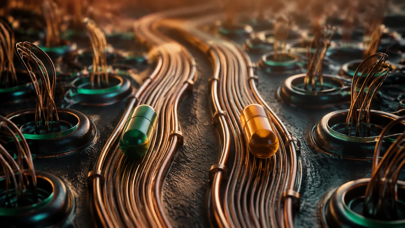 Two unmarked capsules moving through parallel copper-wire follicle landscapes without a winner