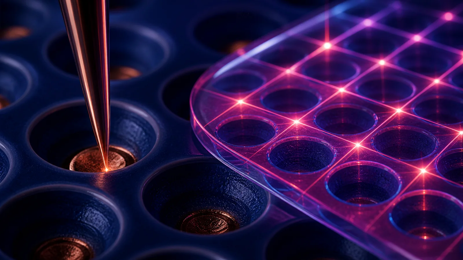 Single-point copper filament beside a broad ruby light grid over abstract follicle patterns