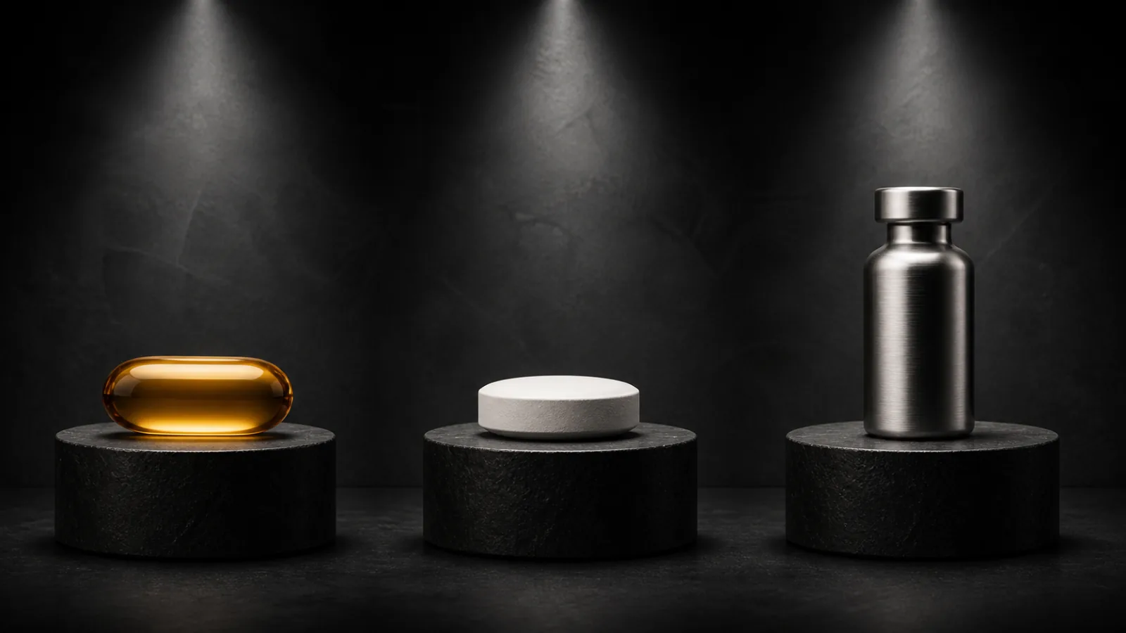 Three distinct unlabeled treatment forms on equal-height stone plinths under separate neutral spotlights