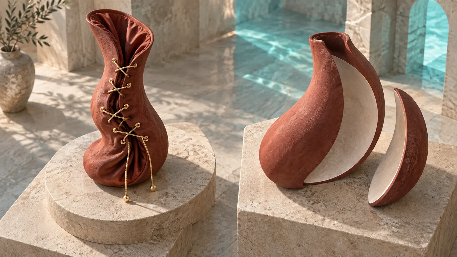 Folded red fabric chamber comparing internal suturing with a removed-volume negative space