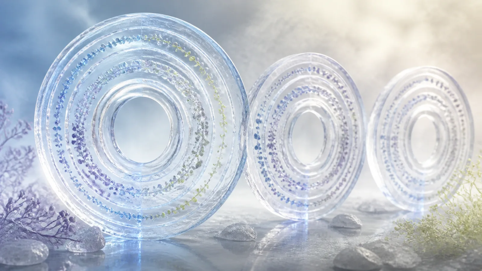 Three translucent concentric-ring sculptures holding similar but differently positioned colored particles