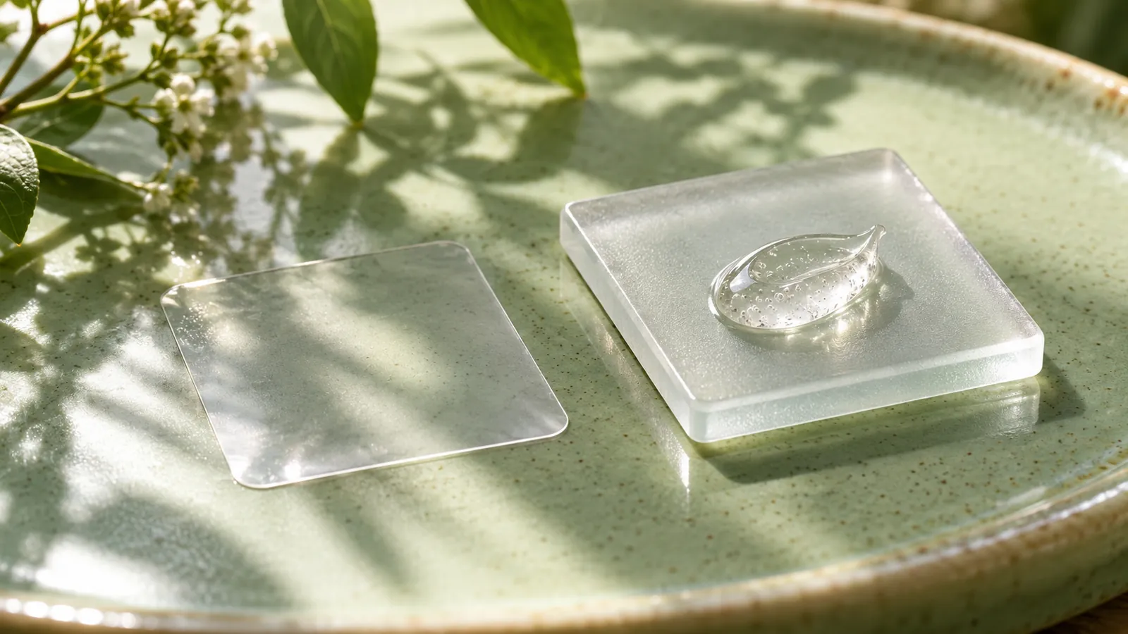 Two transparent square films, one with a small clear gel form, on a green surface