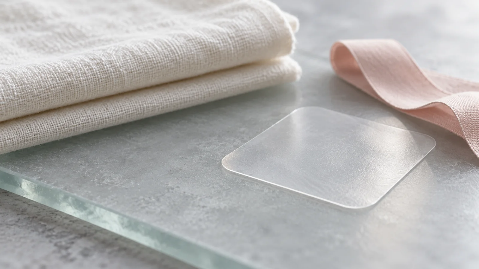 Clear square film beside ivory and blush textiles, suggesting a localized contact boundary