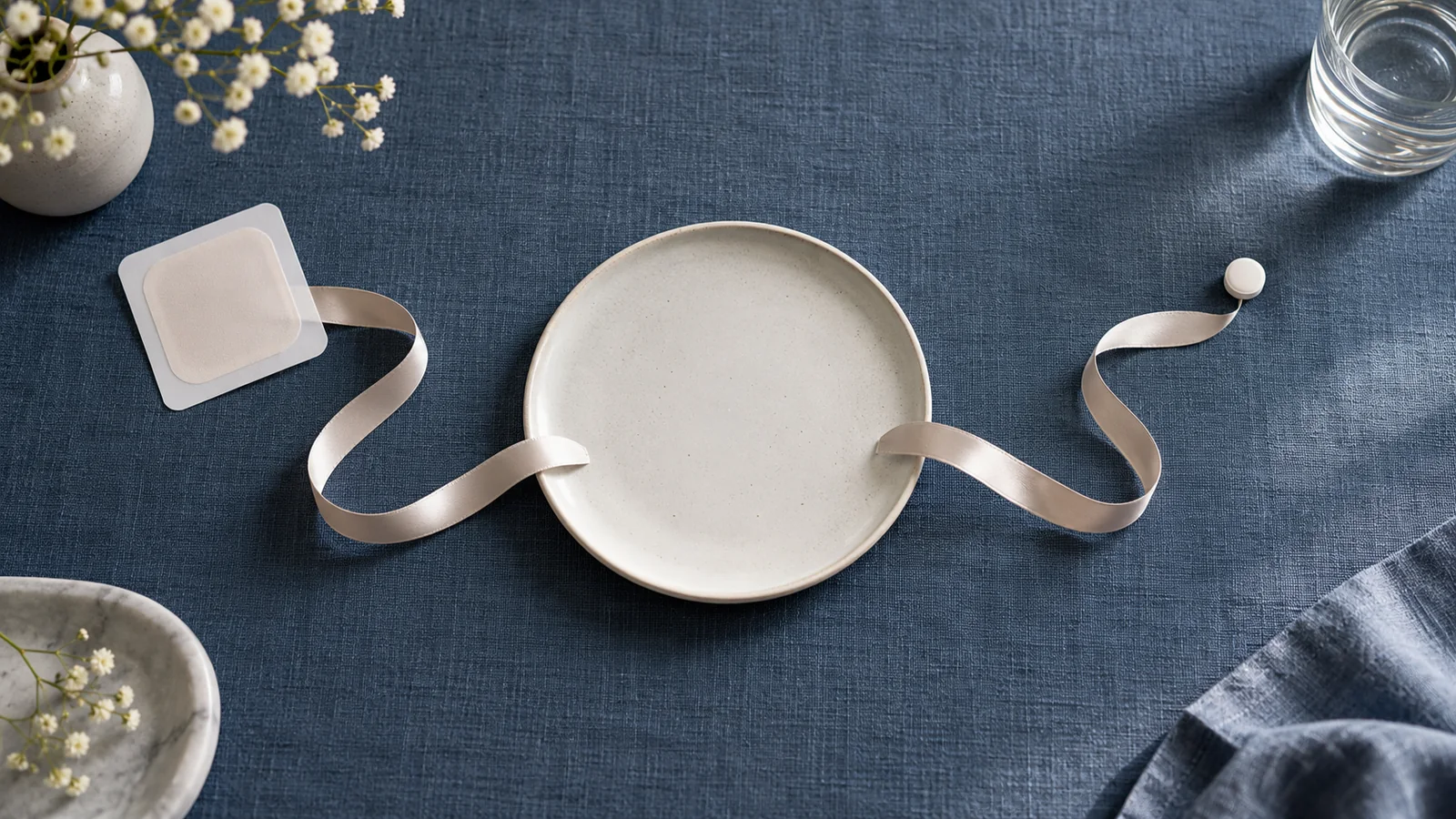 Unmarked skin patch and white tablet on blue linen, connected by separate ribbons to an empty ceramic dish
