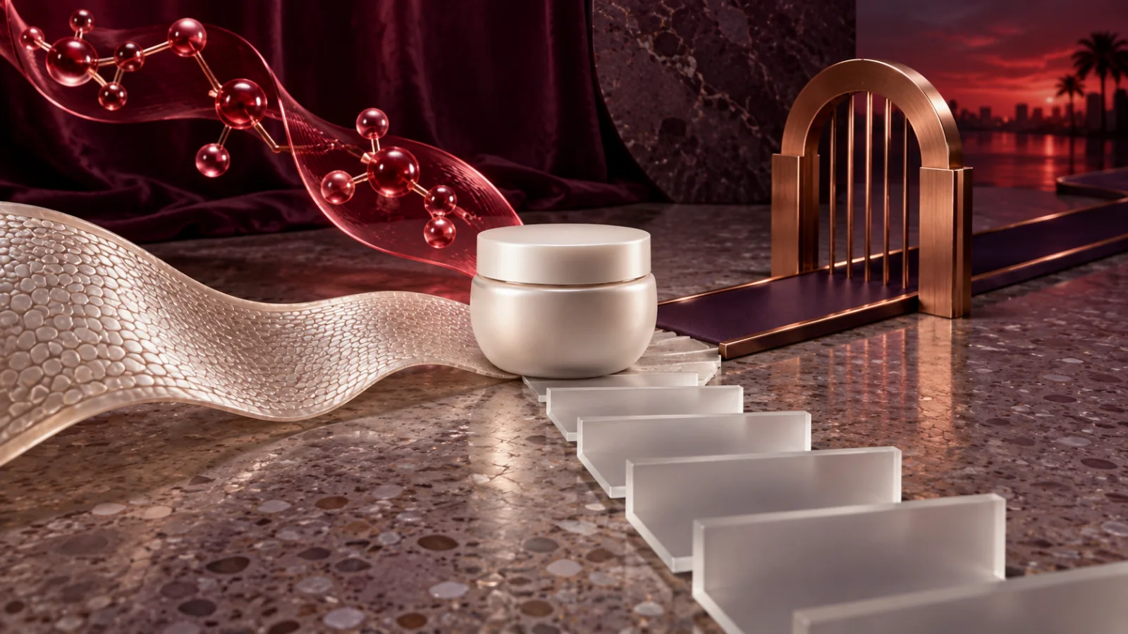 Unbranded cream vessel intersecting separate skin, hormone, evidence, and prescription pathways