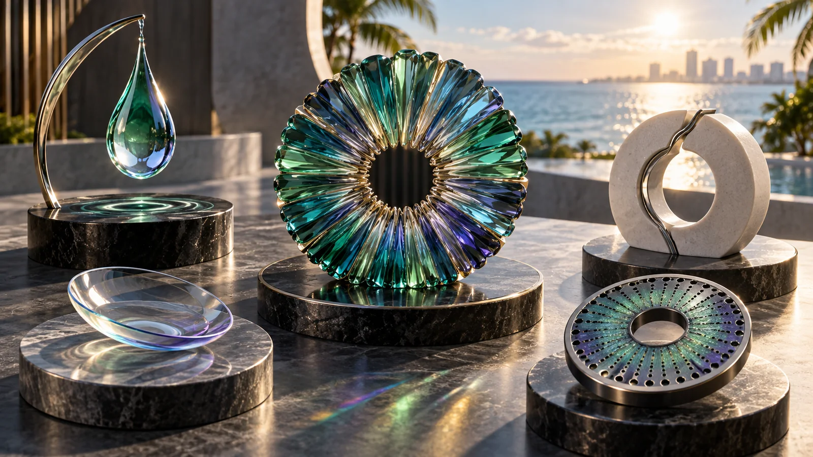 Sculptural iris, contact lens disc, drop form, and artificial iris pathways kept distinctly separate