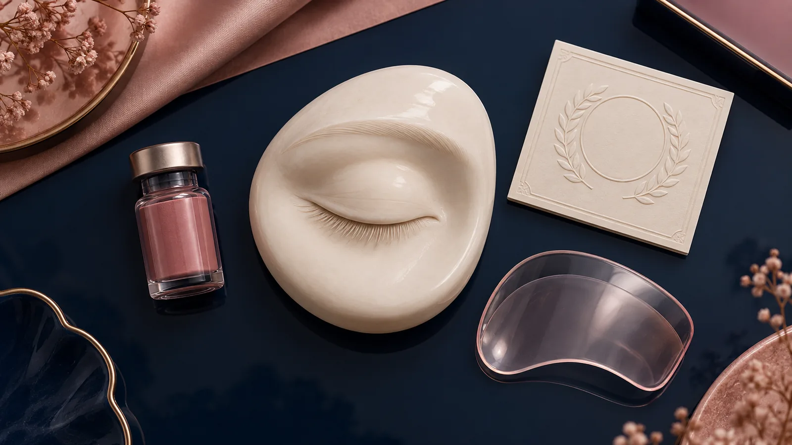 A closed-eye cosmetic tint setup separated into product label, color-additive rule, Florida license, and salon records
