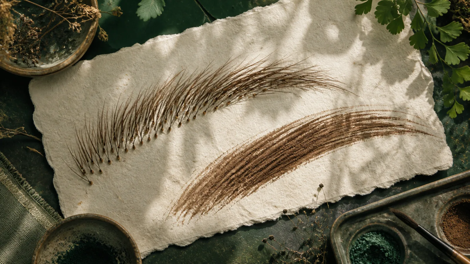 Fine growing fibers and pigment strokes arranged across an abstract eyebrow-shaped canvas
