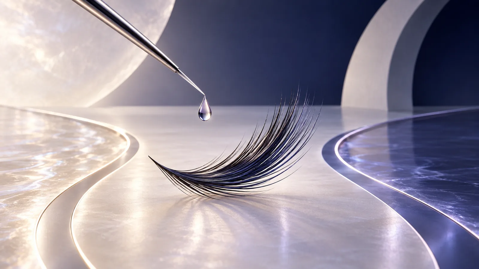 Abstract lash arc, precision applicator, and single droplet in pearl and indigo
