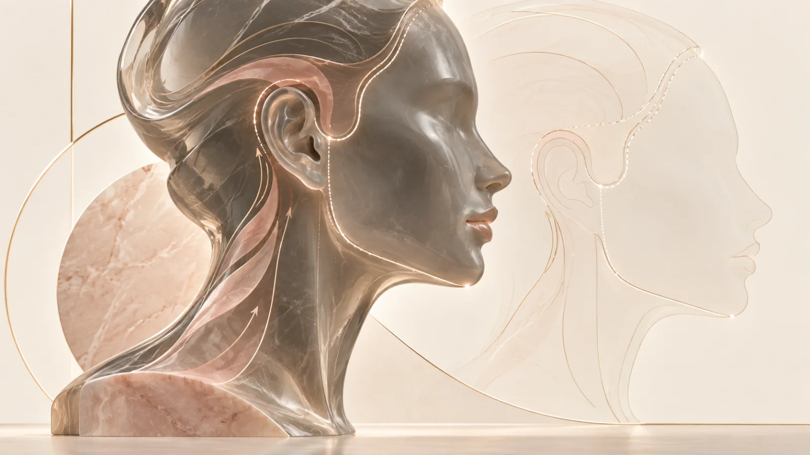 An abstract profile map tracing separate temporal hairline, ear-contour, earlobe, postauricular, scalp, and neck incision zones