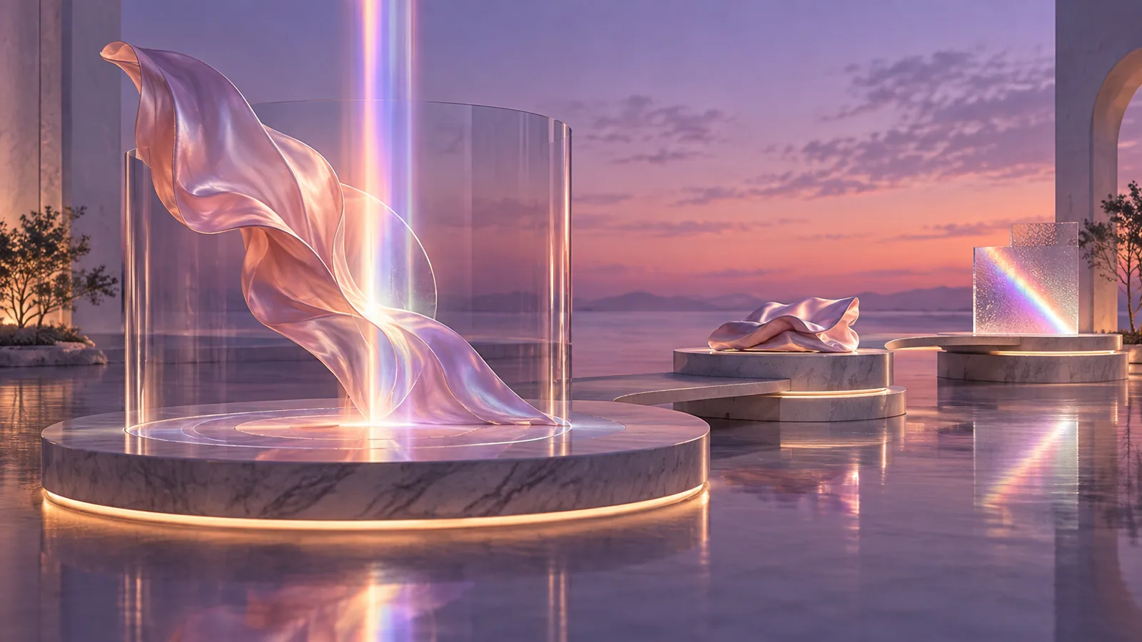 Two-part editorial composition of lifted structural fabric and fractional light treatment shown combined and sequentially