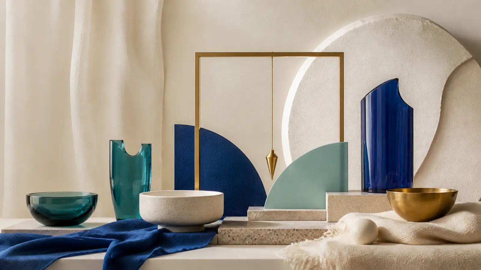 Abstract contour arcs aligning around a brass plumb line and modular forms