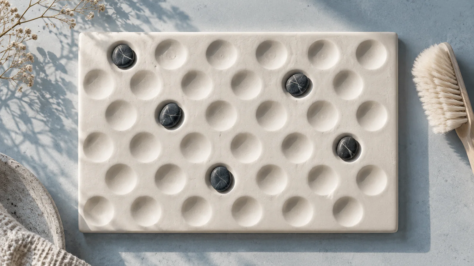 Porcelain tile with shallow recesses, dark pebbles and a separate soft brush
