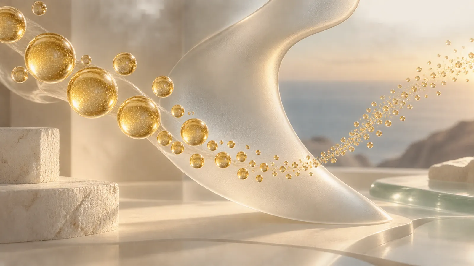 Golden translucent microdroplets at different scales beside an abstract sculptural face contour