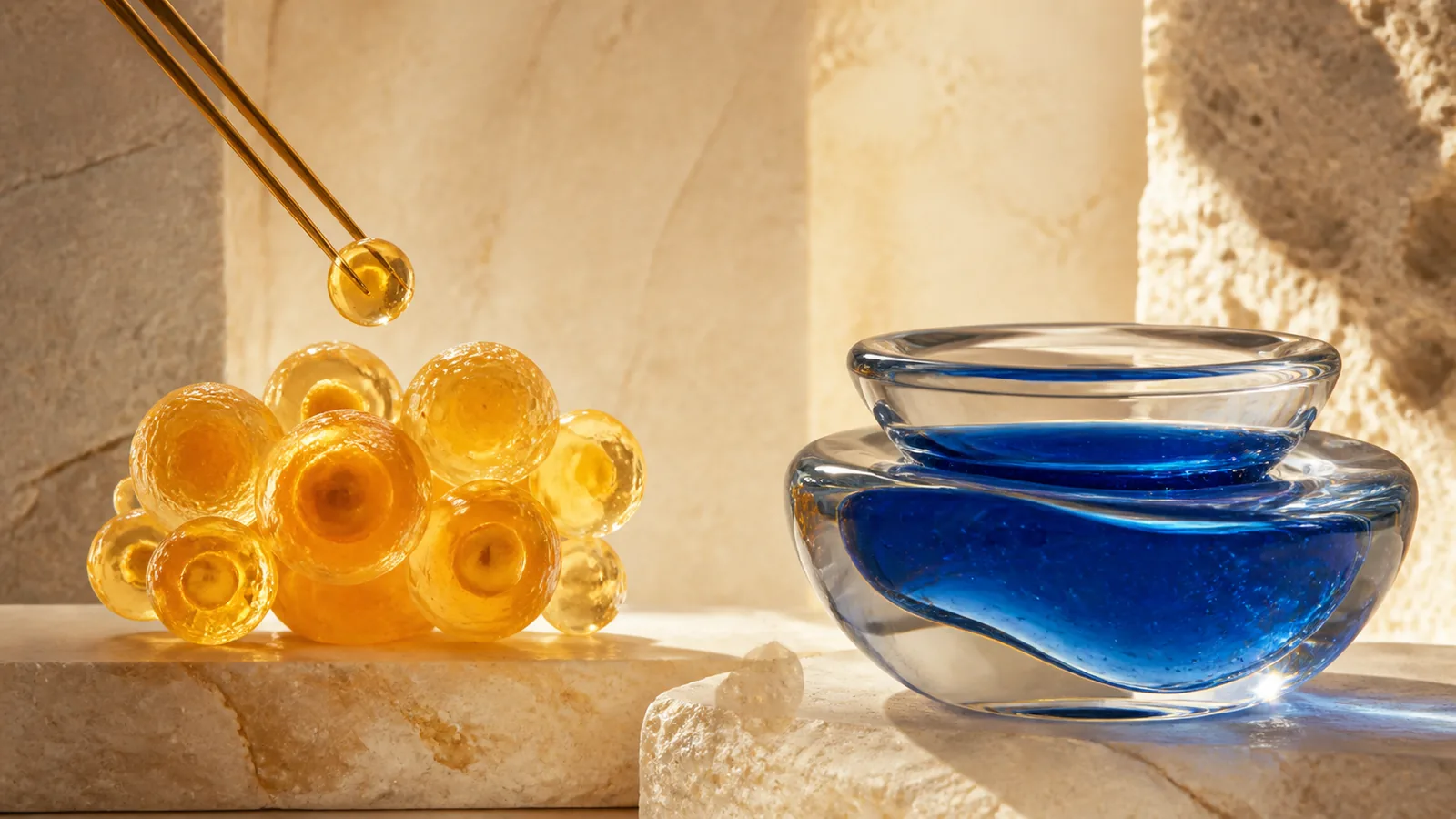 Warm organic cell-like forms beside a separate precise ribbon of translucent blue gel