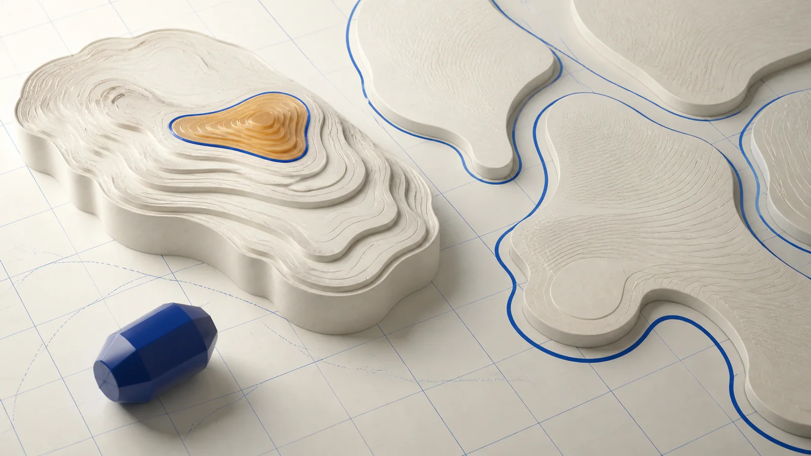 One highlighted submental zone separated from multiple unapproved body zones on an abstract contour map