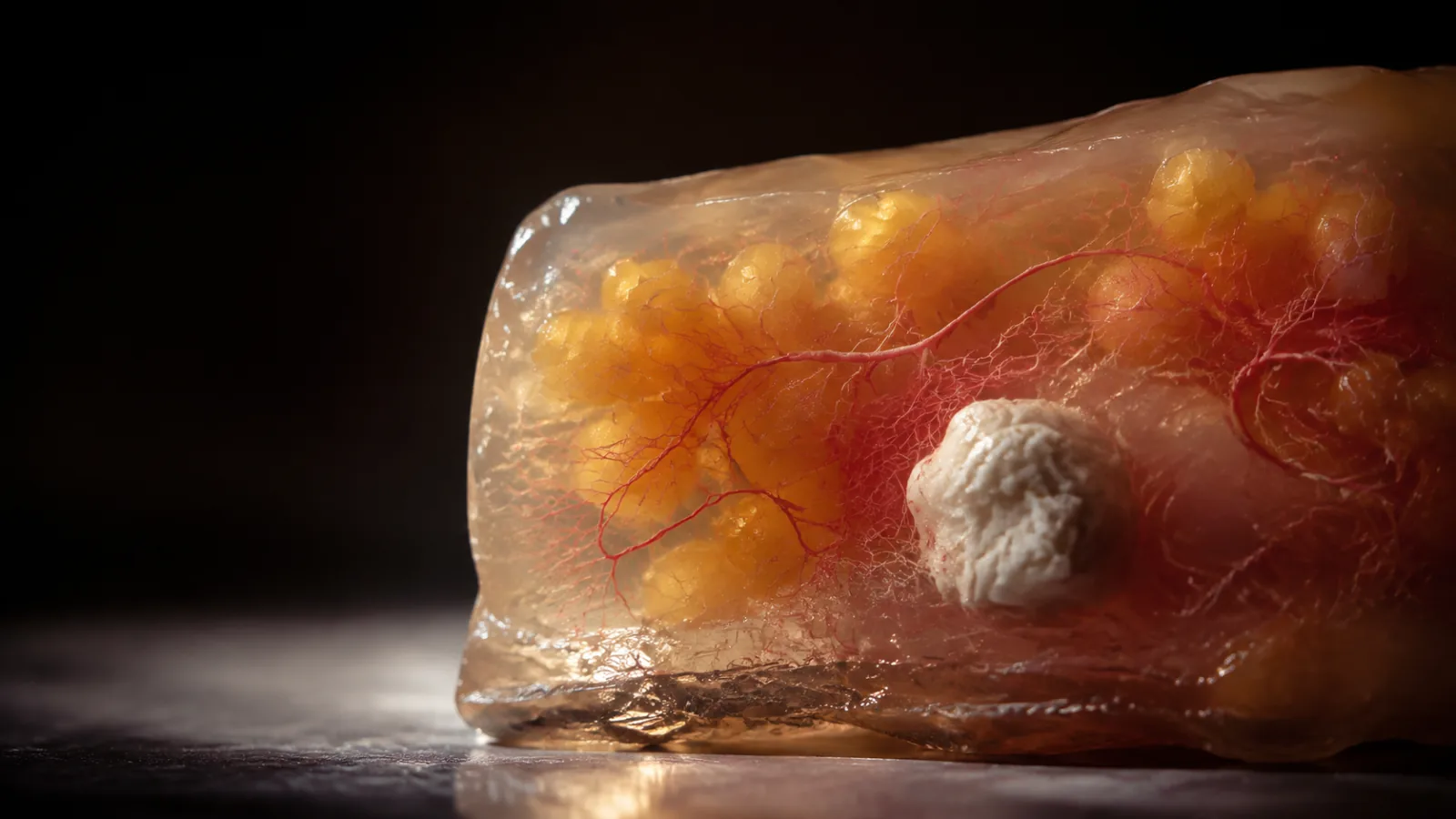 Translucent tissue model with soft fat-colored forms, fine vessel threads, and one opaque inclusion
