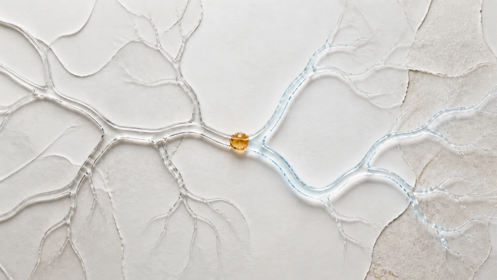A translucent branching network with one amber interruption and a clearly illuminated alternate route