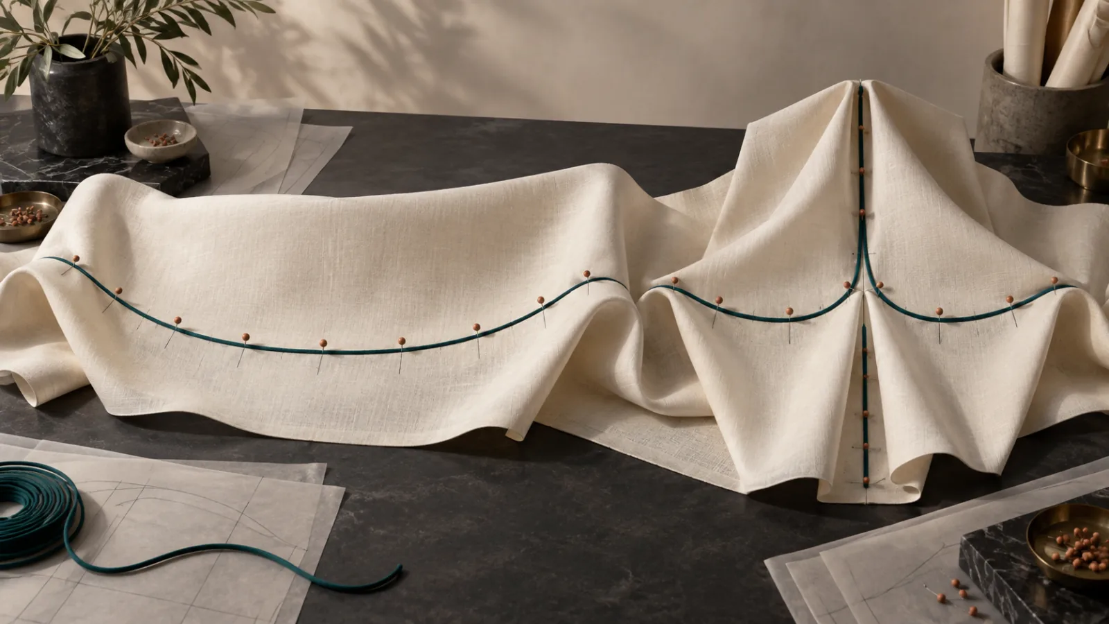 Abstract fabric folds comparing a horizontal-only excision map with a horizontal and vertical fleur-de-lis geometry