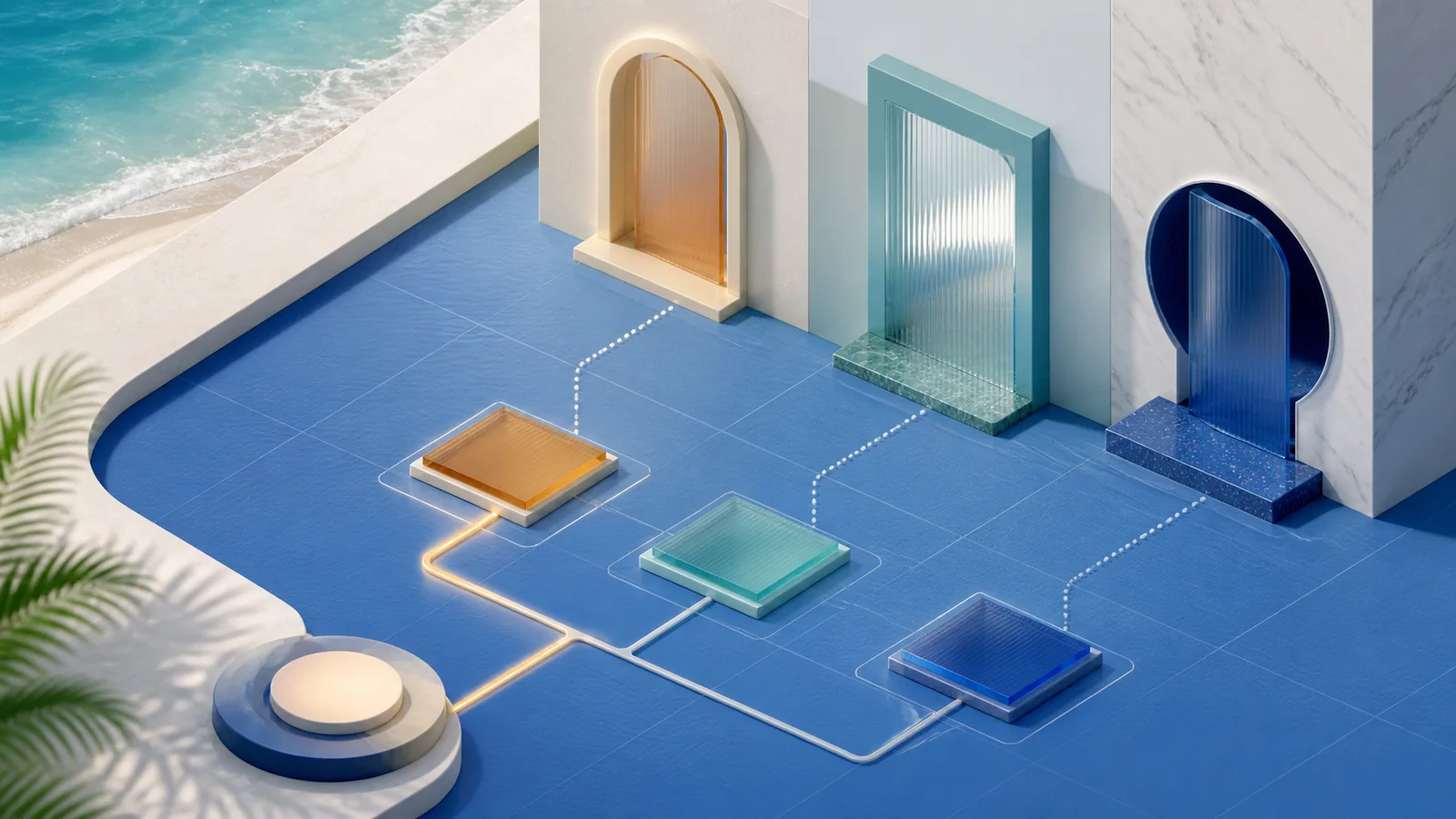 Three distinct doorway shapes connected to separate verification records on a coastal blue grid