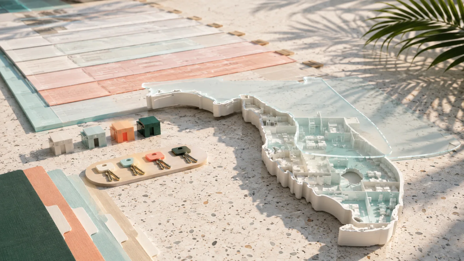 Florida-shaped architectural plan with entity, address, permit, and exemption layers