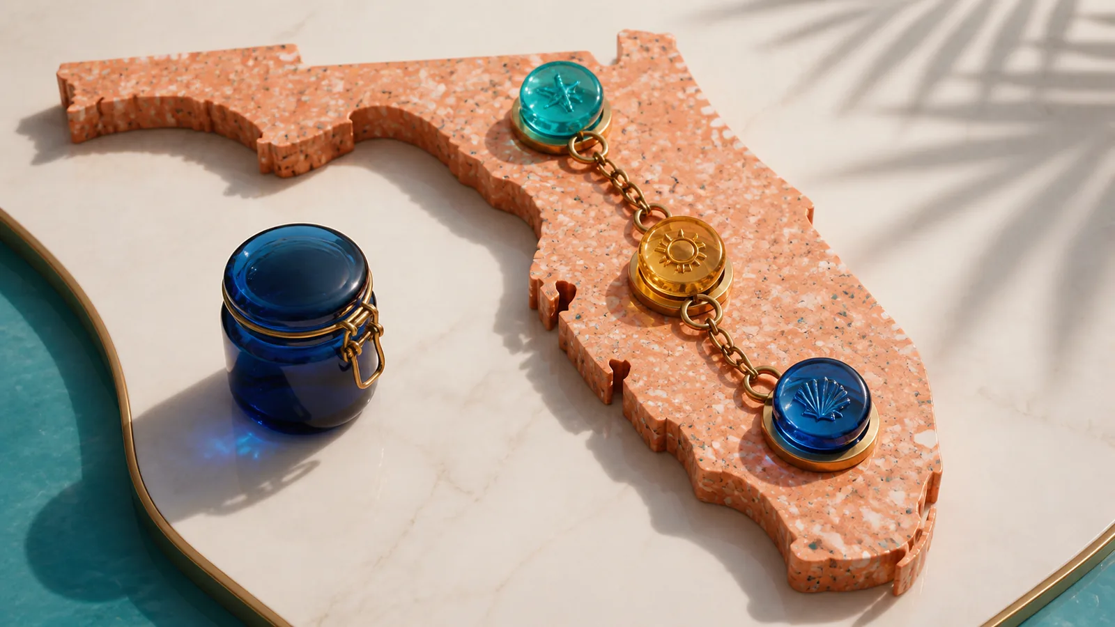 Florida-shaped terrazzo map linked to distinct responsibility tokens