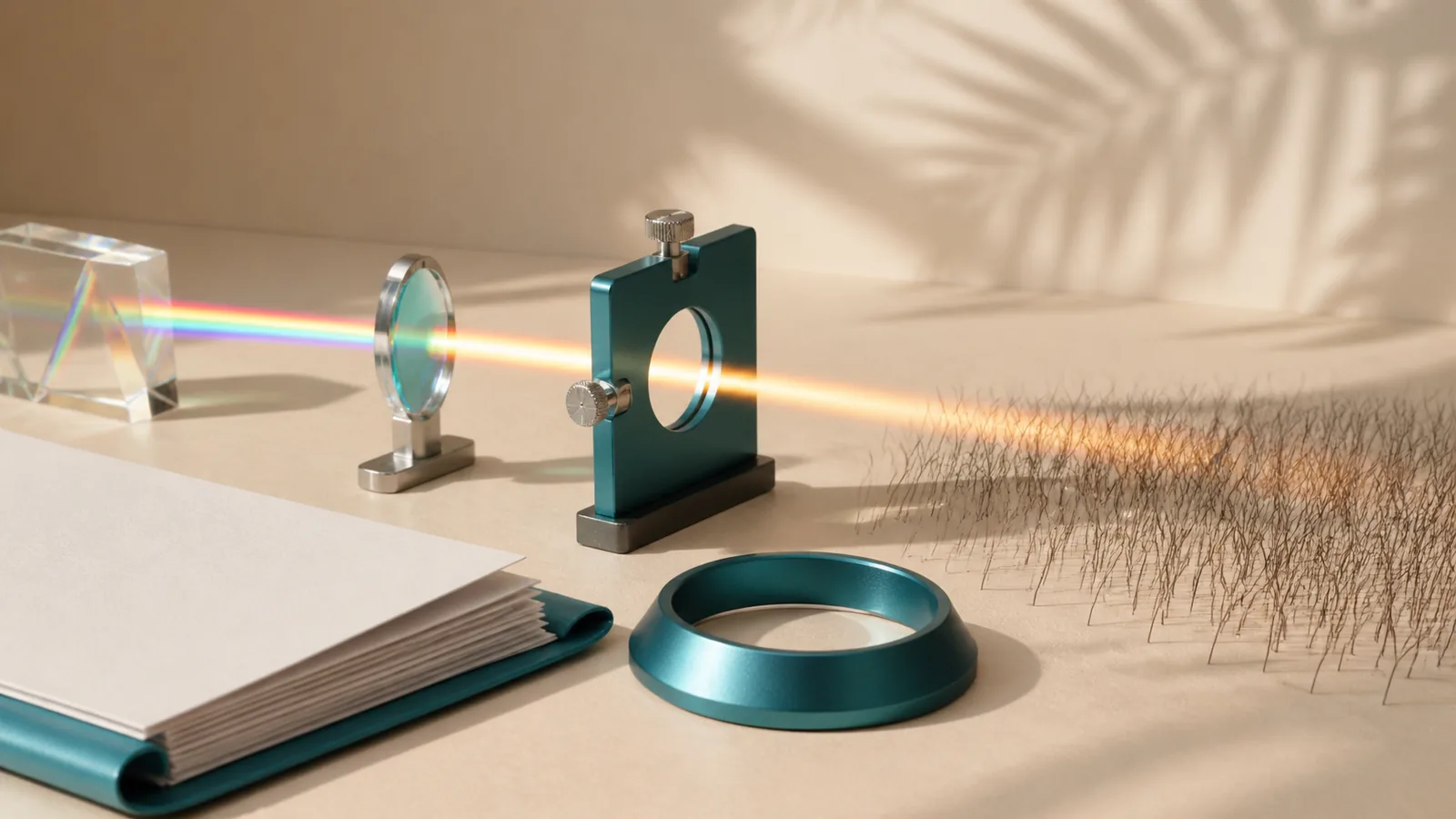 Controlled light beam passing through calibrated optical rings toward hair-like fibers
