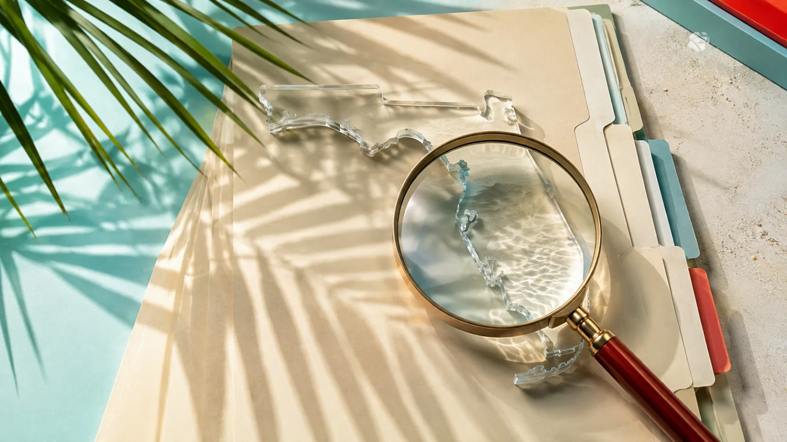 Transparent Florida shape over blank tabbed case folders beneath a magnifying lens