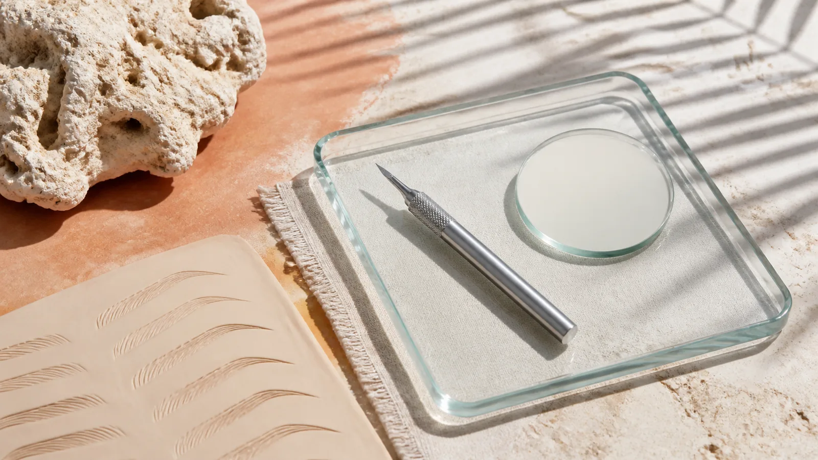 Sterile pigment tools arranged beside separate artist and establishment license symbols