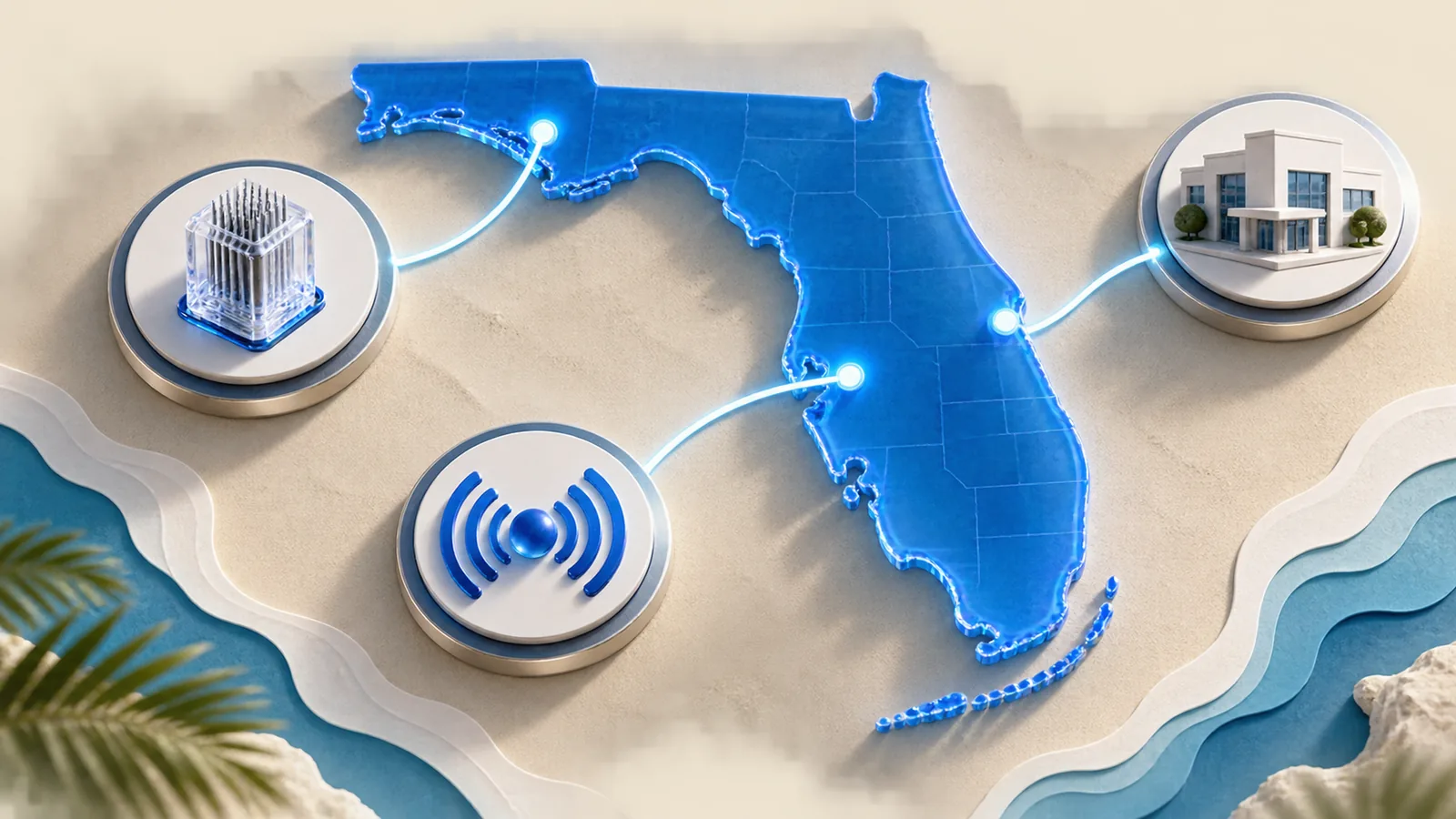 A Florida license map connected to separate microneedling cartridge, RF console, facility, and protocol records