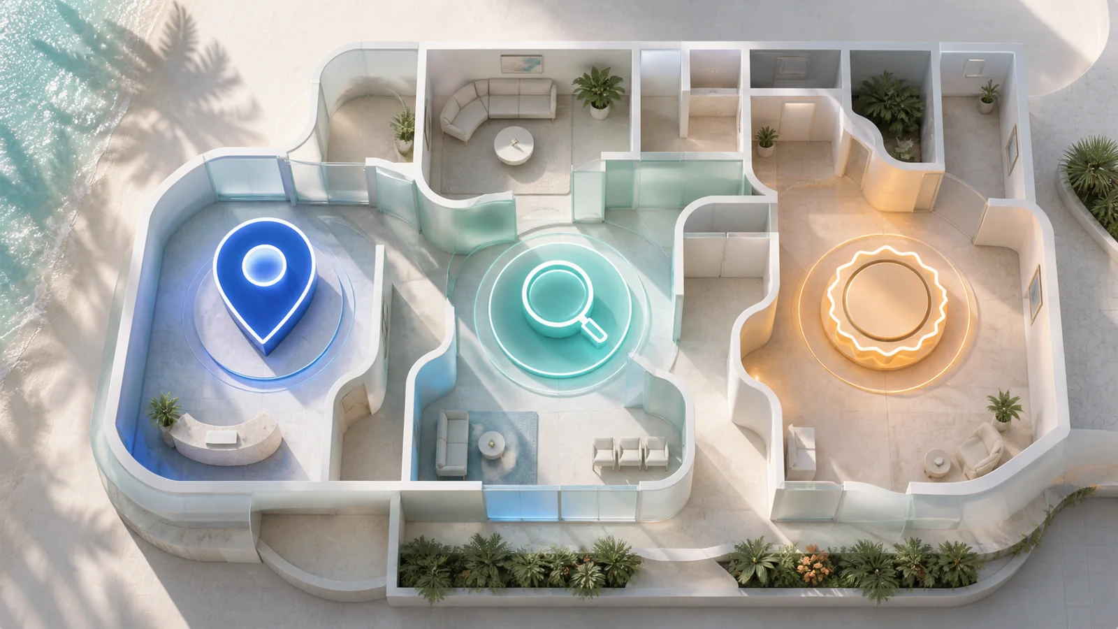 Architectural floor plan with three illuminated checkpoints and an inspection seal motif