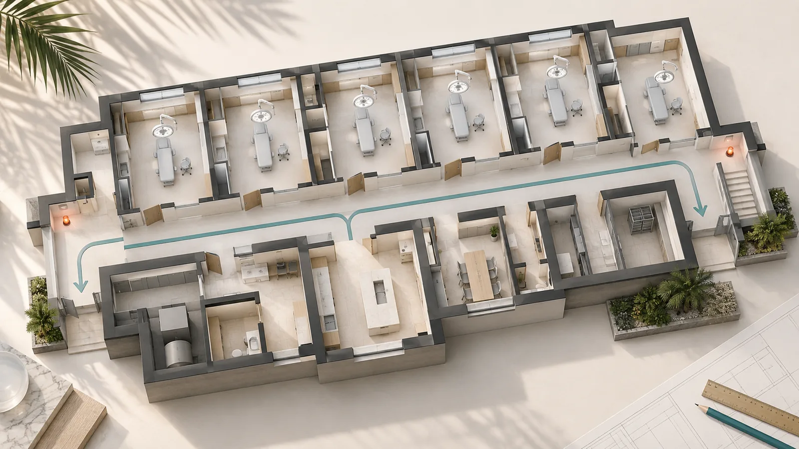 Abstract surgical-suite floor plan with six neutral bays, support spaces, and paired fire-safety egress paths