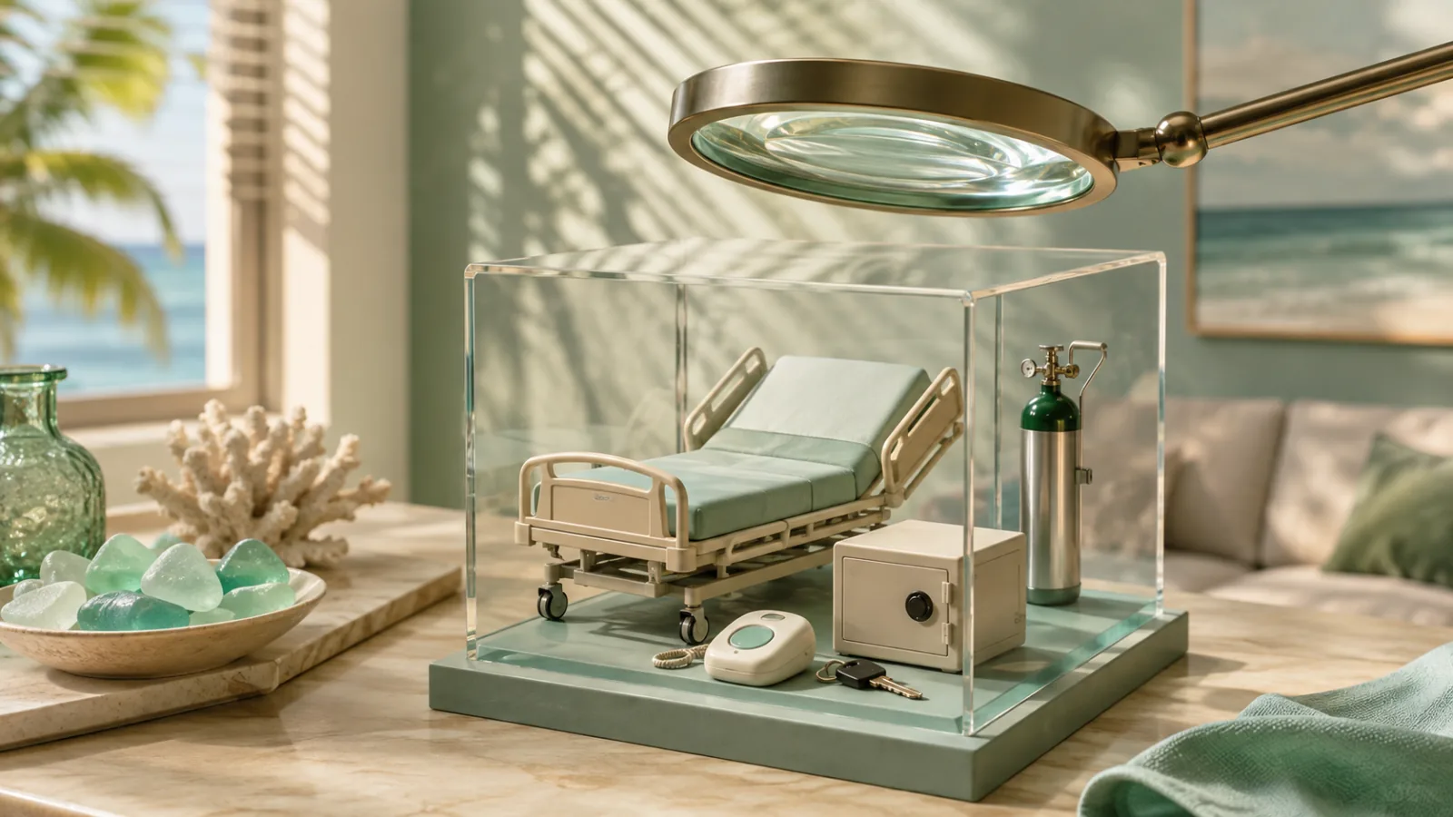 Miniature recovery bed, call bell, oxygen cylinder, and locked box inside a clear inspection cube