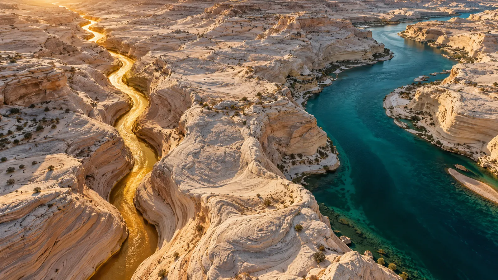 Separate gold and teal waterways winding through pale sandstone