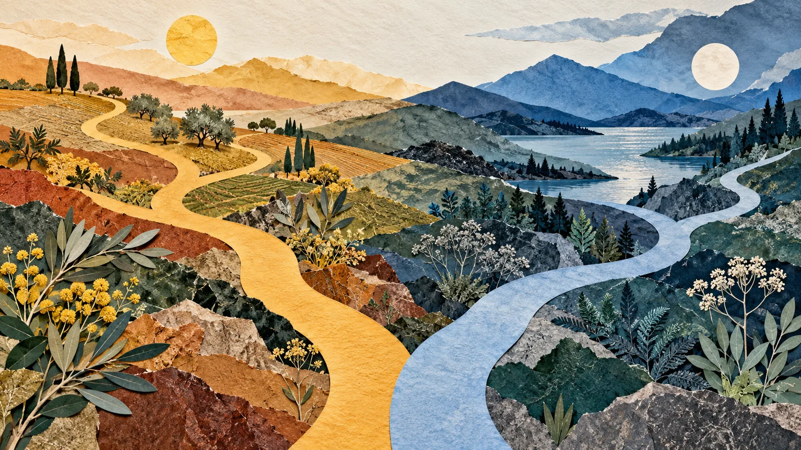 Two color-coded paths diverge from a common point in an abstract paper landscape