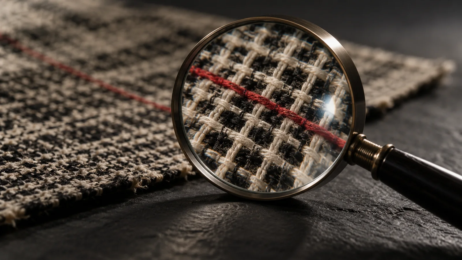 Magnifying lens revealing woven fibers and a single red thread