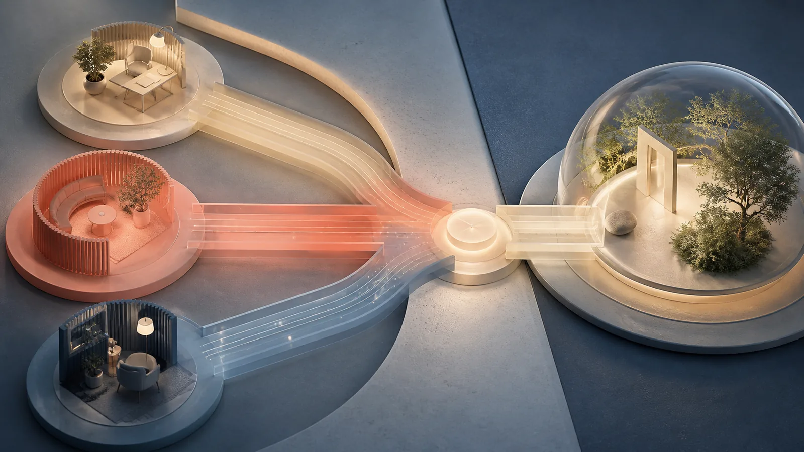 Three translucent clinical pathways converging on a calm procedural handoff point