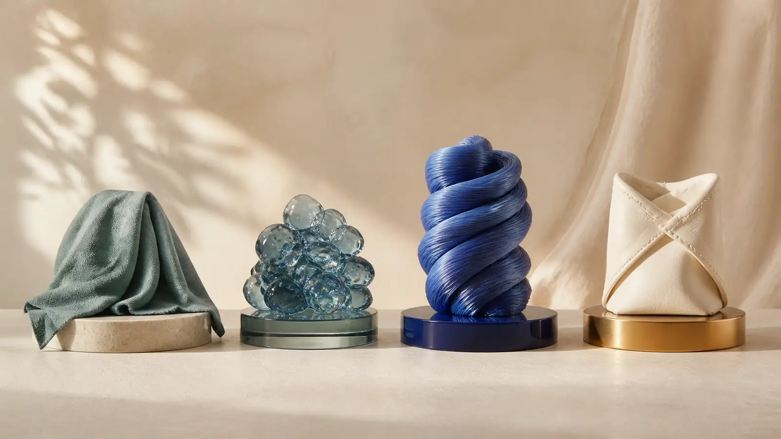 Draped textile, glass clusters, structured coil, and tailored fold on separate platforms