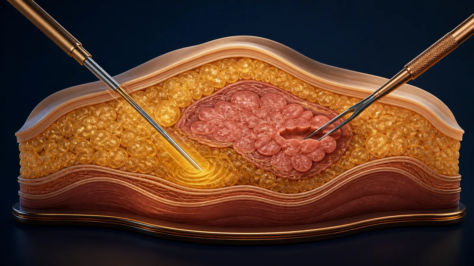 Abstract chest cross-section separating soft fat, firm gland, and skin into distinct surgical pathways