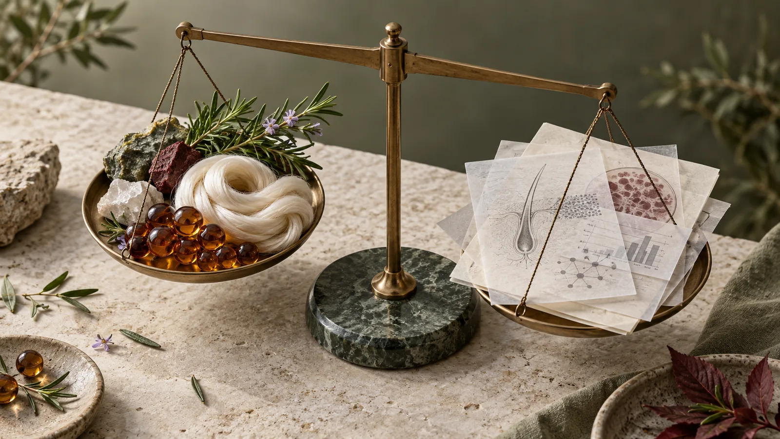 Editorial still life of unbranded capsules beside follicle-cycle rings and a transparent evidence grid